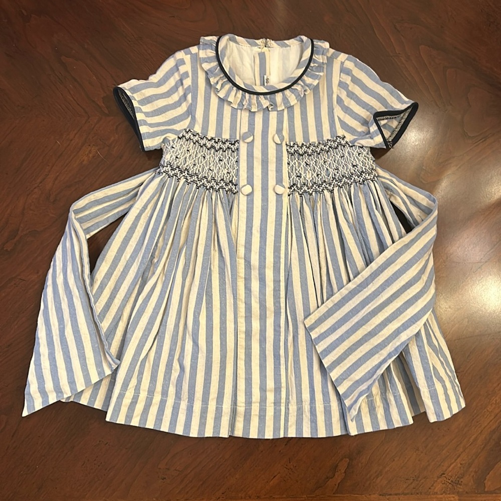 Smocked Blue and White Striped Tie Back Dress